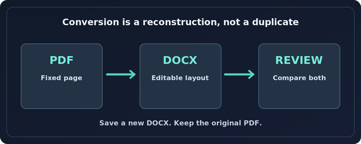PDF to Word conversion workflow showing original PDF, editable DOCX, and side-by-side quality check