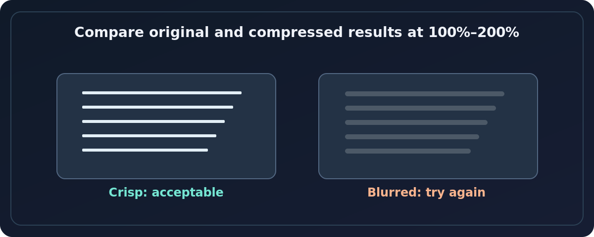 Quality check diagram comparing clear document letters and blurred compressed scan letters