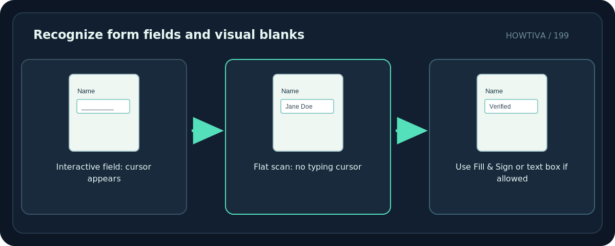 Original diagram: Recognize form fields and visual blanks; Interactive field: cursor appears → Flat scan: no typing cursor → Use Fill & Sign or text box if allowed