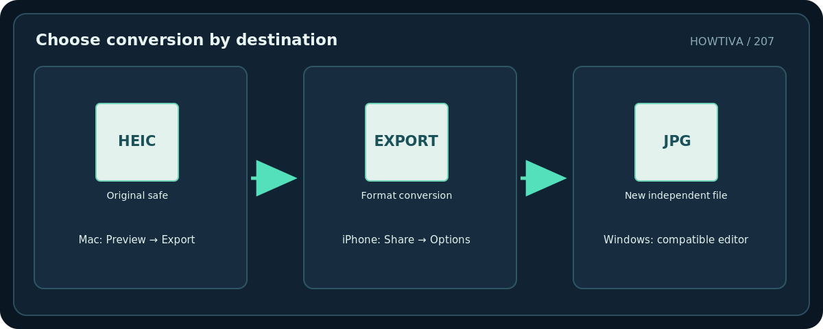 Original diagram: Choose conversion by destination; Mac: Preview → Export → iPhone: Share → Options → Windows: compatible editor