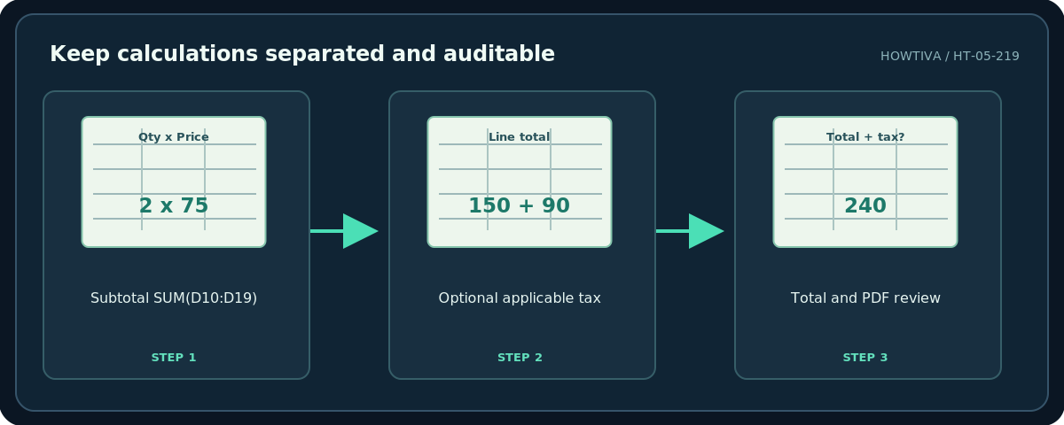 Howtiva original procedural diagram: Keep calculations separated and auditable; Subtotal SUM(D10:D19); Optional applicable tax; Total and PDF review