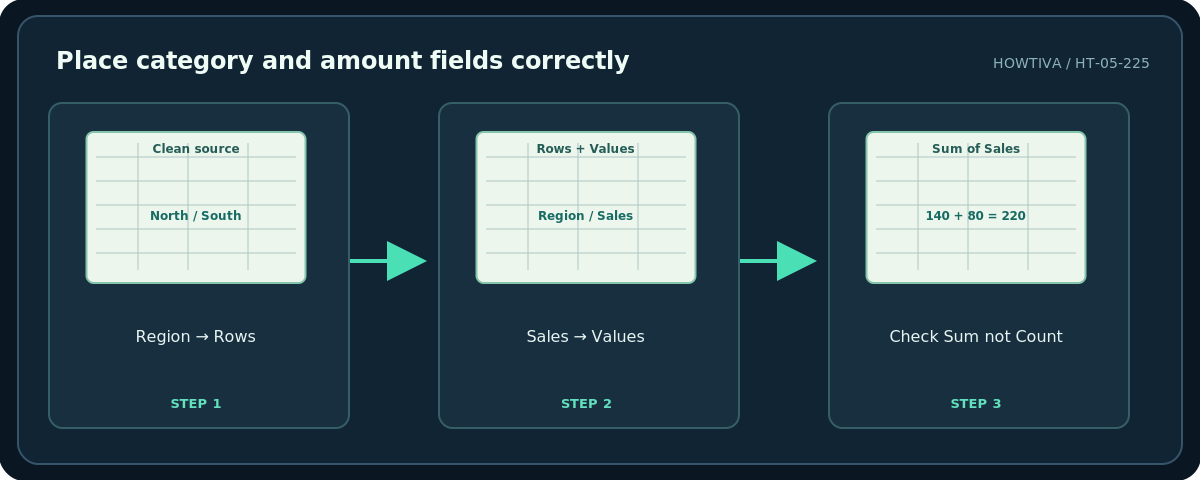 Howtiva original procedural diagram: Place category and amount fields correctly; Region → Rows; Sales → Values; Check Sum not Count