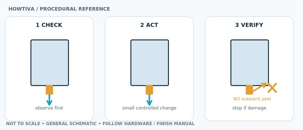 Diagram contrasting a safe vertical stretch-removal tab parallel to wall against unsafe outward peeling that lifts paint