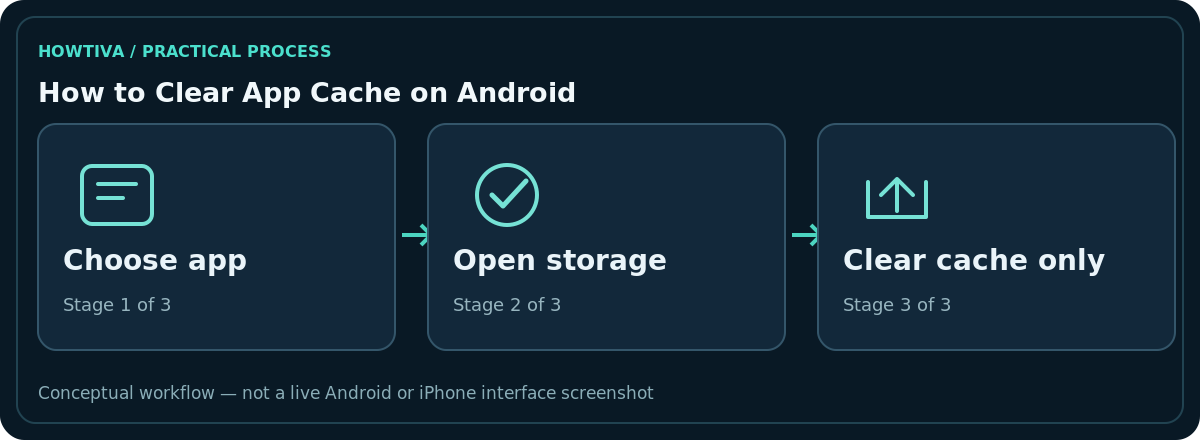 Original non-interface three-stage diagram for how to clear app cache on android: Choose app, Open storage, Clear cache only.