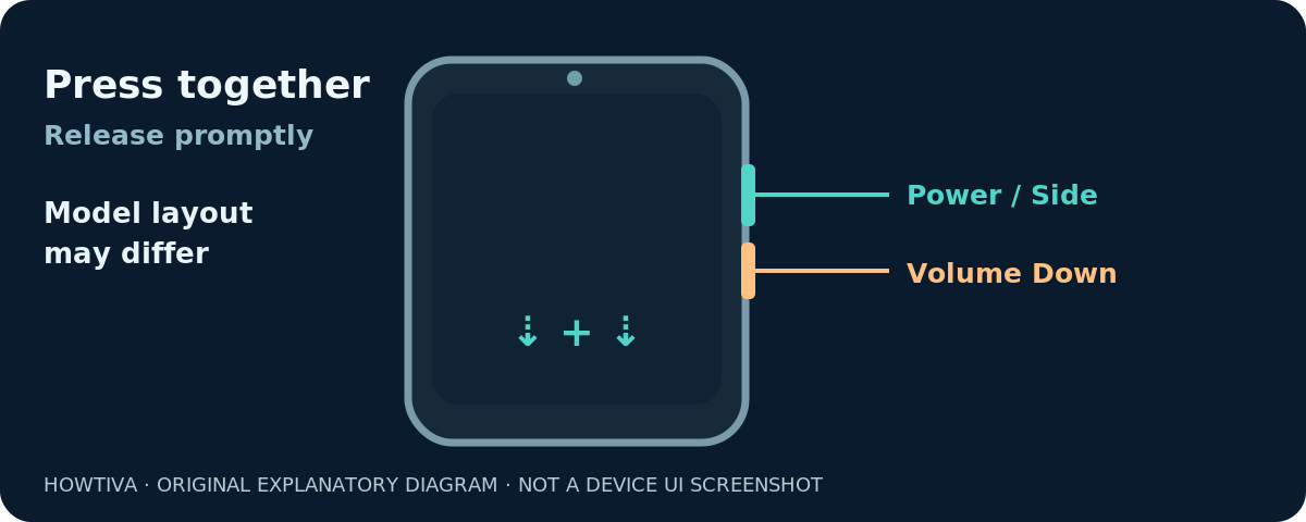 Power and Volume Down on a generic Android handset, shown as an original explanatory diagram with both side buttons highlighted