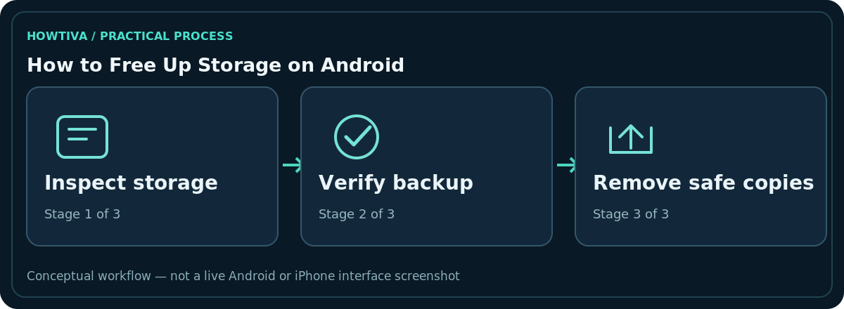Original non-interface three-stage diagram for how to free up storage on android: Inspect storage, Verify backup, Remove safe copies.