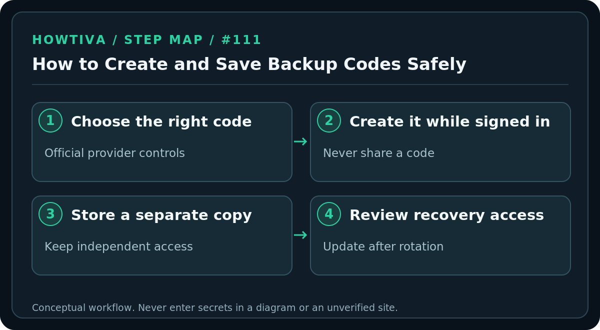 Original four-stage procedure diagram for how to create and save backup codes safely, without account screens or authentication secrets