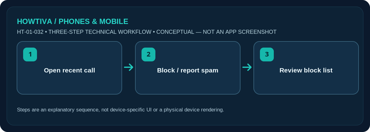 Original non-UI three-stage illustration for how to block a phone number on android: Open recent call, Block / report spam, Review block list.