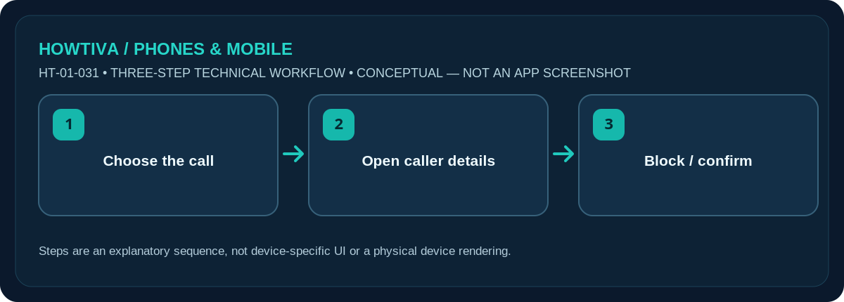 Original non-UI three-stage illustration for how to block a phone number on iphone: Choose the call, Open caller details, Block / confirm.
