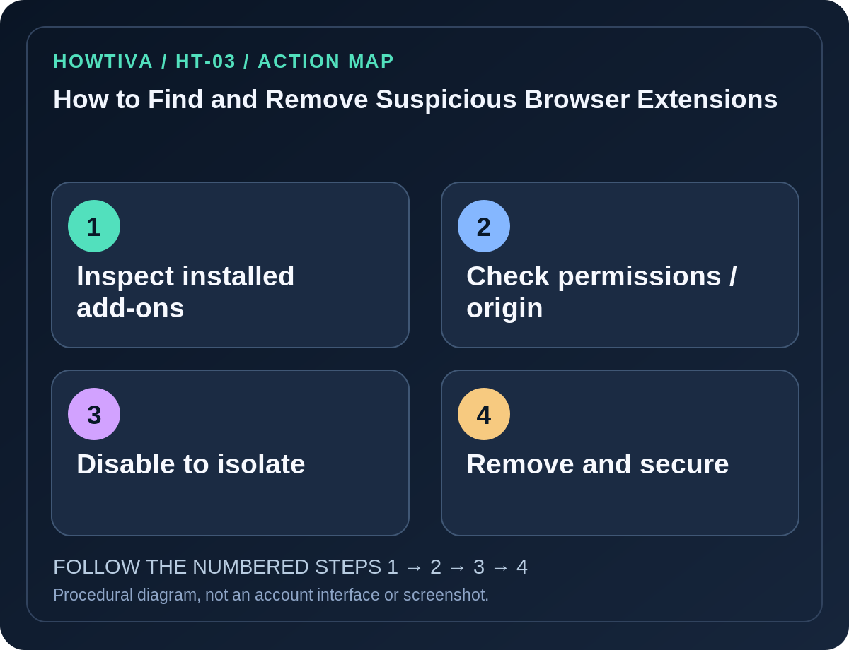 Original four-stage action map for how to find and remove suspicious browser extensions, showing each procedural stage without imitation authentication screens