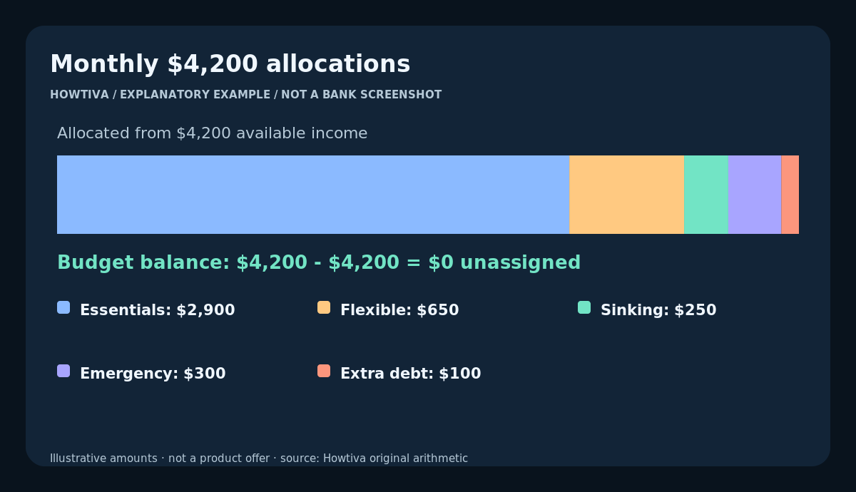 Illustrative $4,200 monthly income allocated across essential bills, flexible spending, sinking funds, emergency savings and extra debt payments.