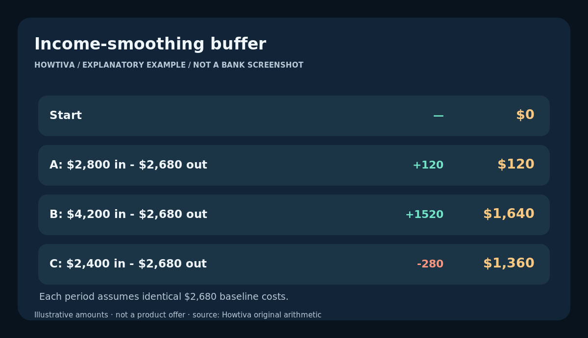 Hypothetical buffer: $0 start, plus $120 in period A, plus $1,520 in B, minus $280 in C, equals $1,360.