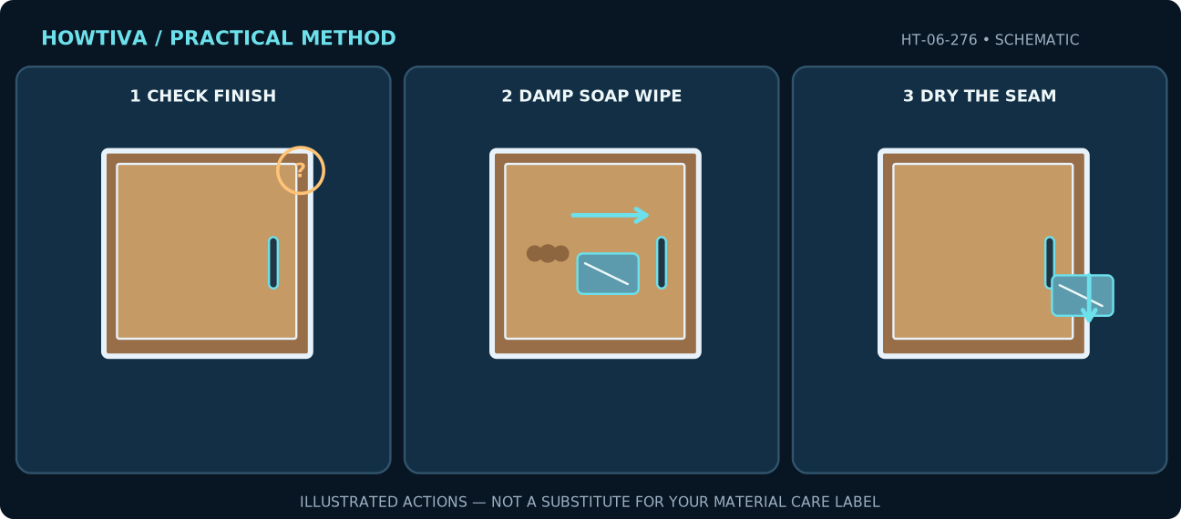Three-step diagram shows a kitchen cabinet door with intact edge and handle, a lightly damp cloth moving across grease, and a dry cloth wiping moisture away from seams.