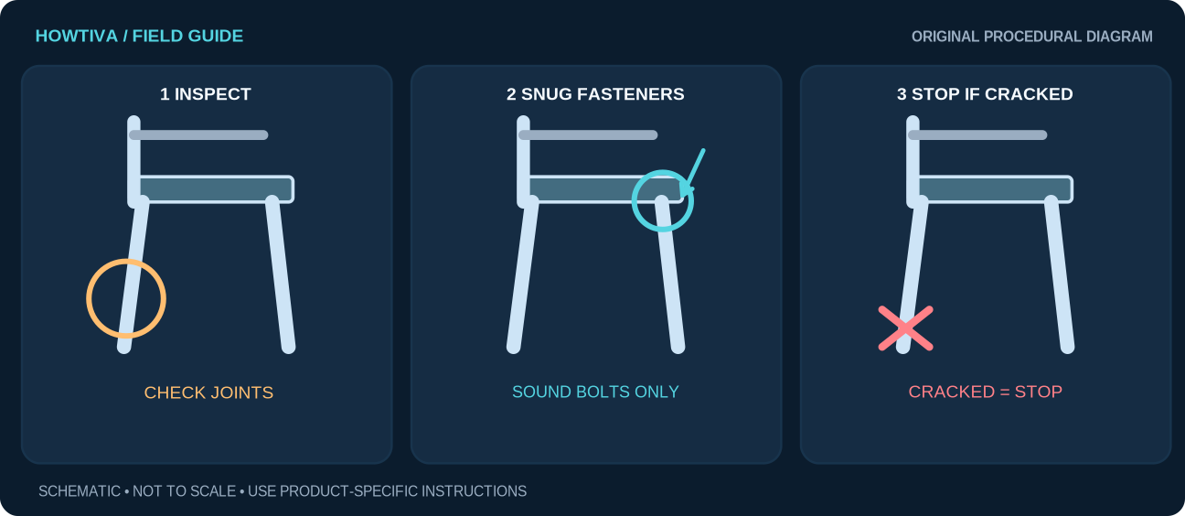 Three chair views show loose leg and joint inspection, sound fastener tightening, and crack stop sign