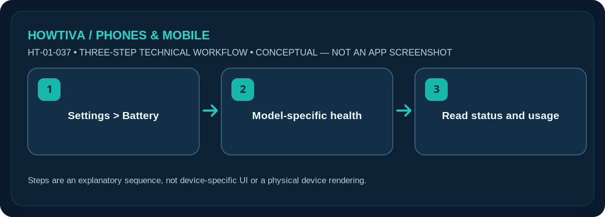 Original non-UI three-stage illustration for how to check battery health on iphone: Settings > Battery, Model-specific health, Read status and usage.