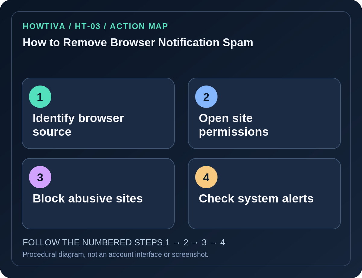 Original four-stage action map for how to remove browser notification spam, showing each procedural stage without imitation authentication screens