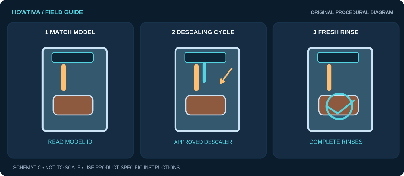 Coffee maker model identification followed by approved descaler flow and clean-water rinse cycles