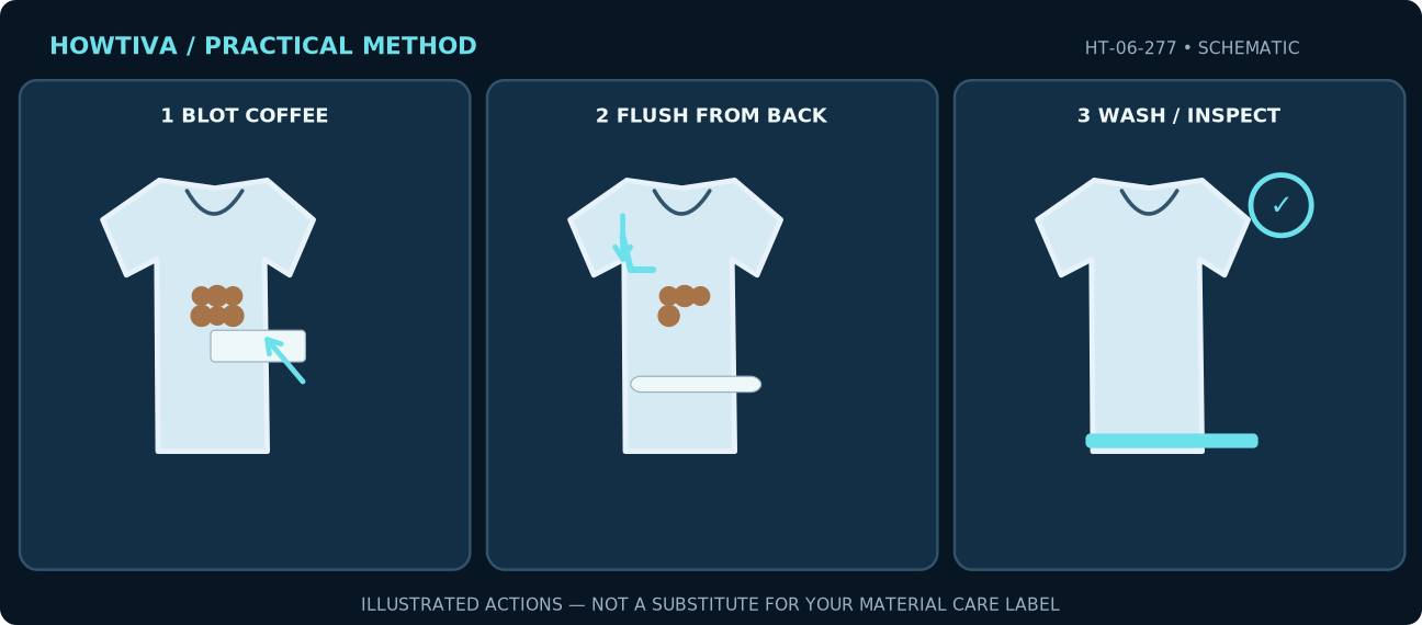 A coffee spot is blotted on a pale shirt, then cool water is directed through the back of the stained fabric, followed by a labeled wash and damp inspection.