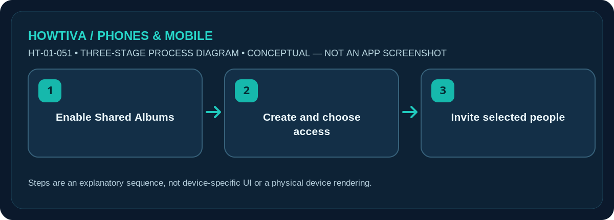 Original non-UI three-stage illustration for how to create a shared photo album on iphone: Enable Shared Albums, Create and choose access, Invite selected people.
