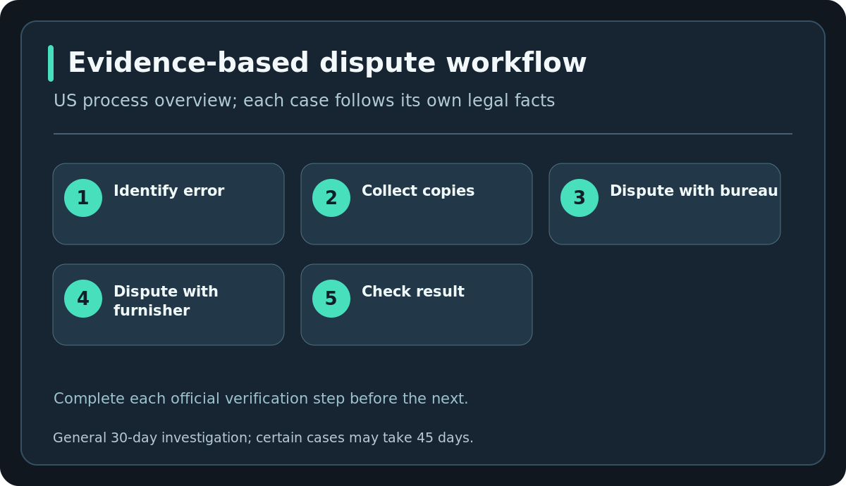 Evidence-based dispute workflow — US process overview; each case follows its own legal facts. General 30-day investigation; certain cases may take 45 days.