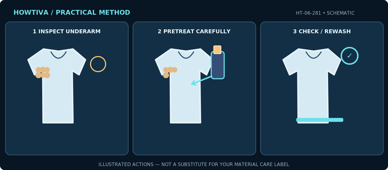 Underarm deodorant buildup on washable shirt: identify marks, apply fabric-safe detergent and check after a care-label wash.