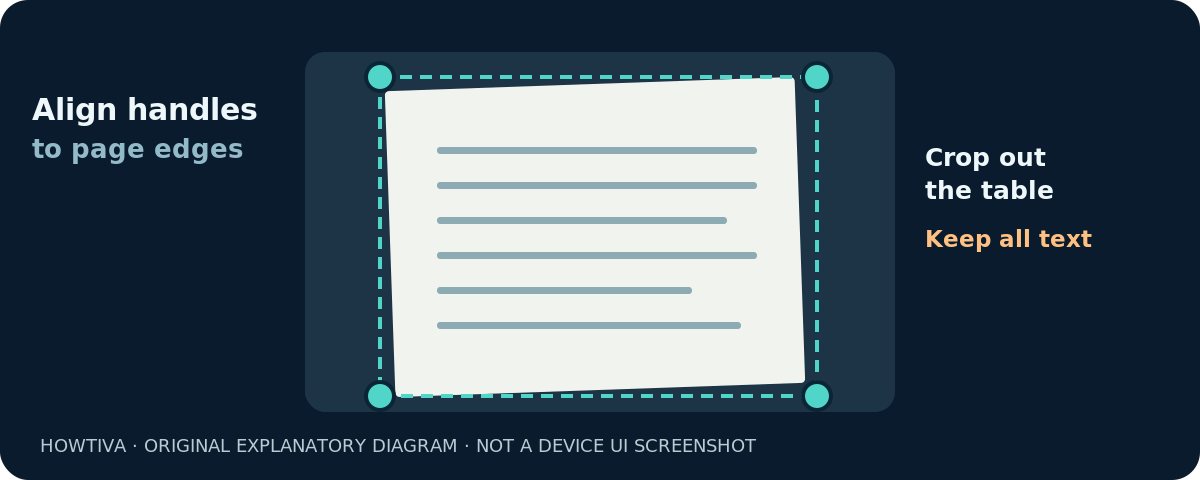 Abstract paper-document schematic showing four adjustable corner handles enclosing a page and an example of unwanted background outside the crop