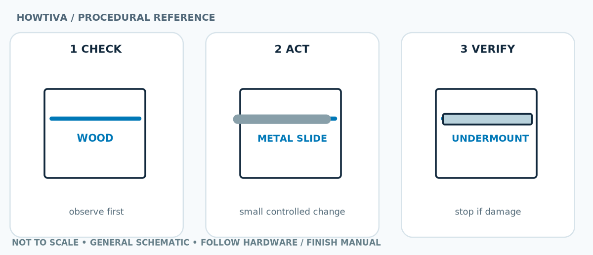 Three-panel practical cross-section of wood-on-wood runner, side-mounted metal roller slide, and under-mounted soft-close slide, highlighting where to inspect