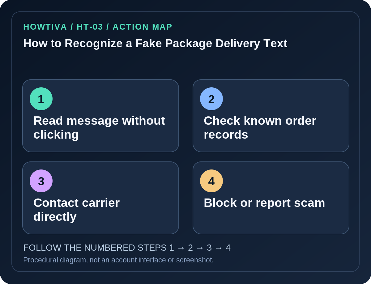 Original four-stage action map for how to recognize a fake package delivery text, showing each procedural stage without imitation authentication screens