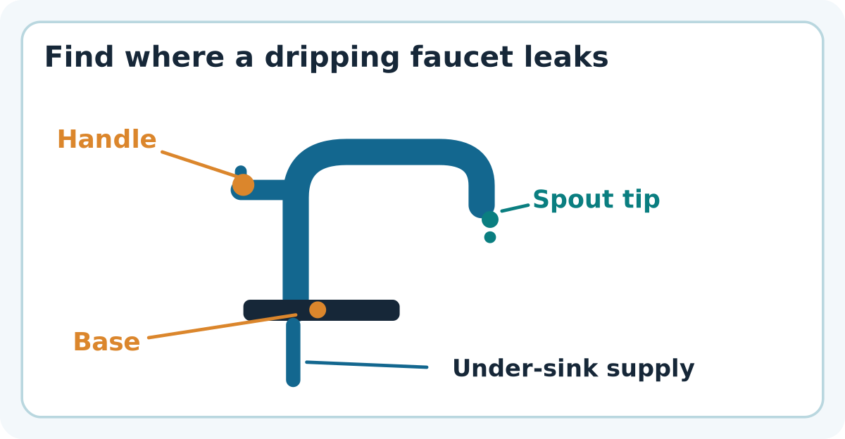 Schematic bathroom faucet indicating separate leak-check locations at the spout tip, handle, base and under-sink connections