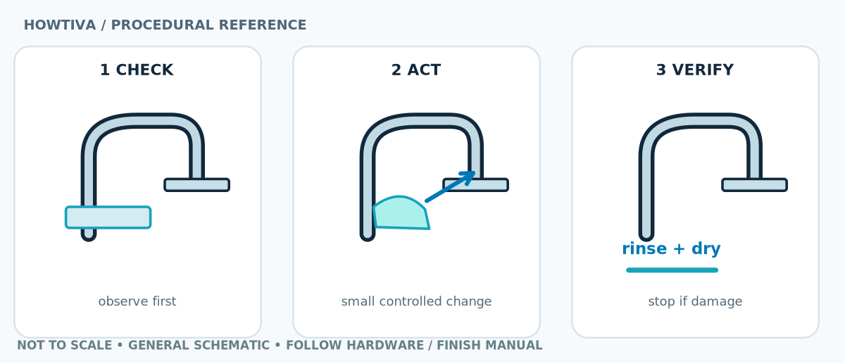 Three-stage practical diagram: wipe the faucet, apply a short damp vinegar cloth only if finish-approved, rinse and dry