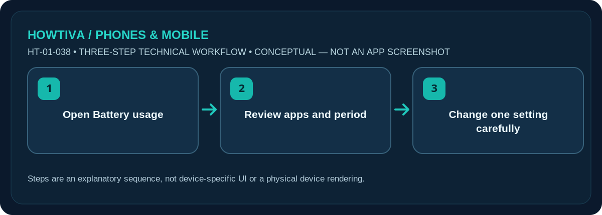 Original non-UI three-stage illustration for how to find battery-draining apps on android: Open Battery usage, Review apps and period, Change one setting carefully.