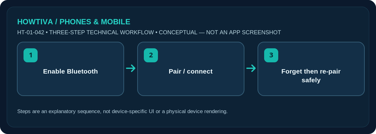 Original non-UI three-stage illustration for how to fix bluetooth not connecting on android: Enable Bluetooth, Pair / connect, Forget then re-pair safely.