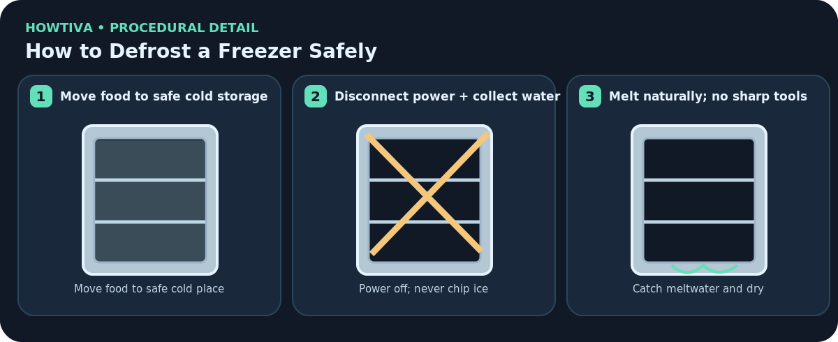 Freezer-defrost safety flow diagram depicting food moved to chilled storage, power disconnected and towels under an open door, then frost melting naturally without knives or electric dryers.