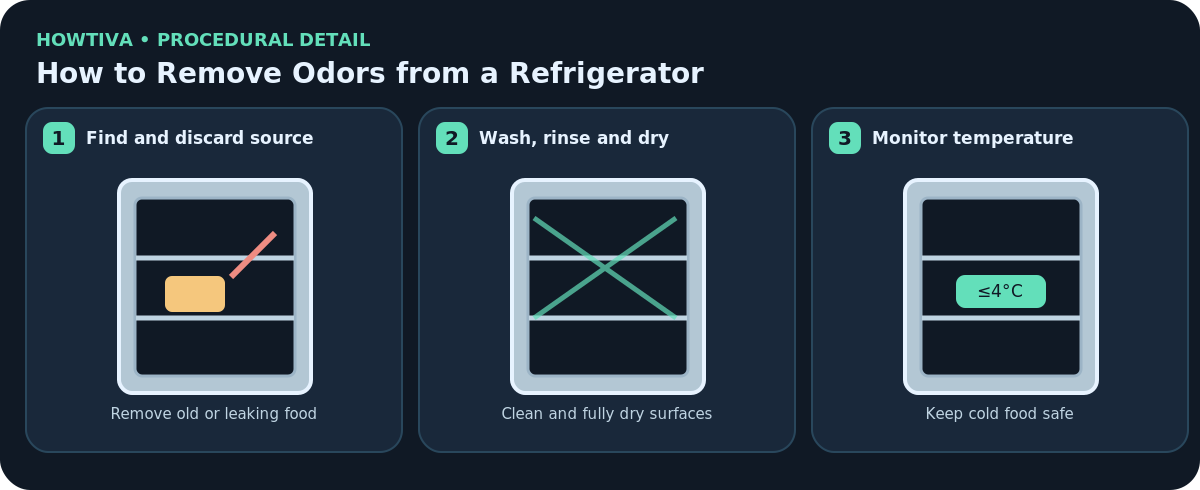Fridge odour removal flowchart showing spoiled food discarded, shelves and gasket washed then rinsed and dried, and the appliance returned to safe cooling temperature.