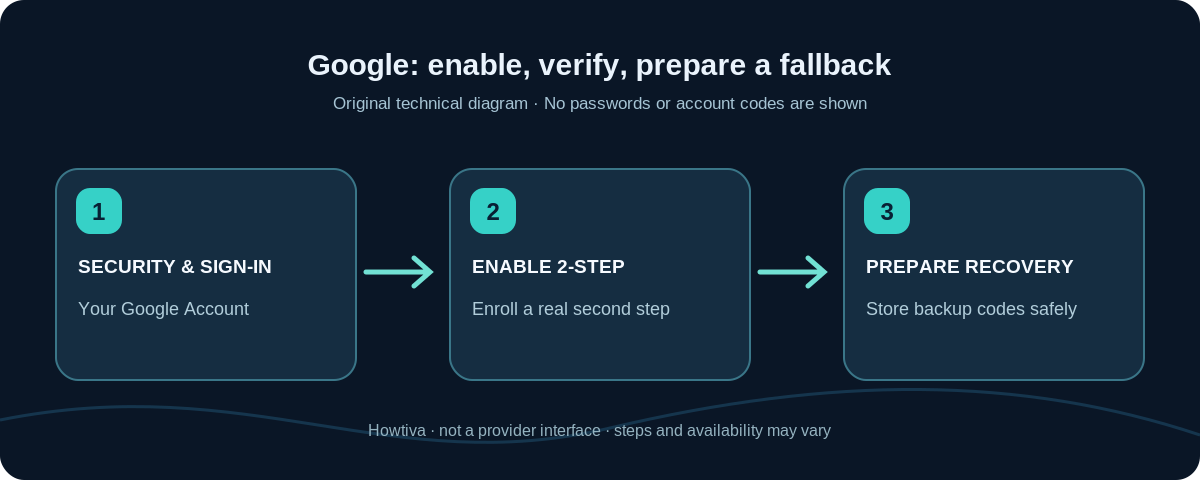 Original security diagram showing Google account security settings, an authorized second step, and privately stored fallback codes