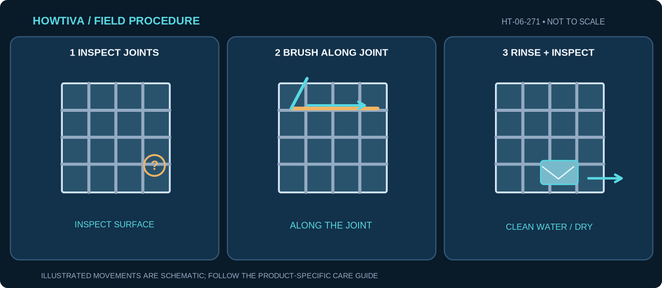 Grout-joint grid showing a cracked joint check, a soft brush moving along an intact joint and a clean rinse for inspection.