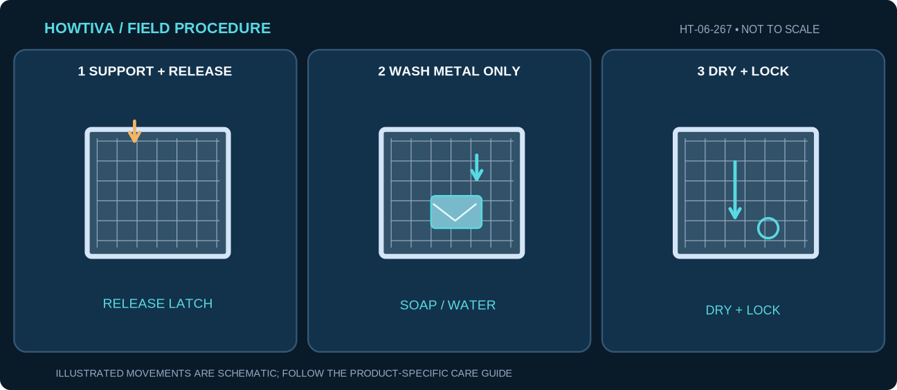 Three diagrams show hand support beneath a mesh hood grease filter while its latch is released, washing approved metal mesh and fully drying before relocking.