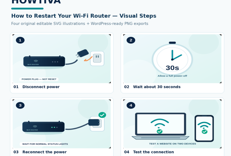 Four illustrated steps to restart a Wi-Fi router safely.