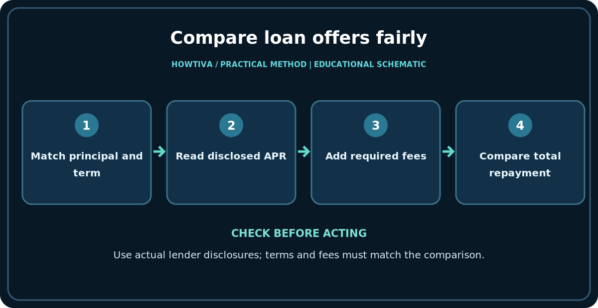 Compare loan offers fairly: Match principal and term; Read disclosed APR; Add required fees; Compare total repayment.