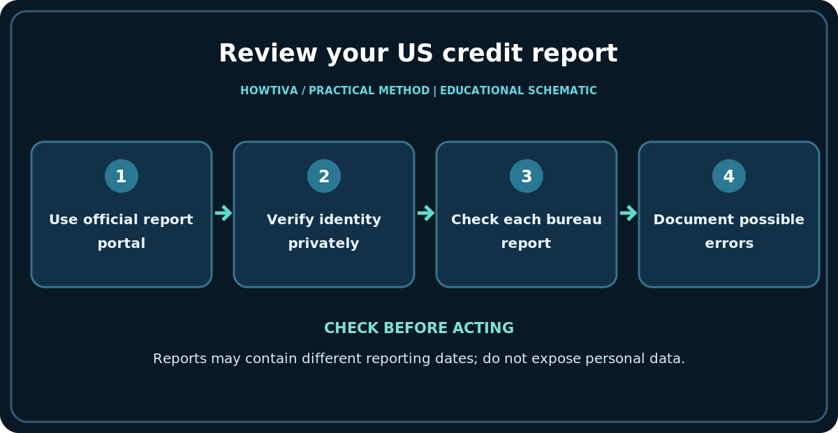 Review your US credit report: Use official report portal; Verify identity privately; Check each bureau report; Document possible errors.