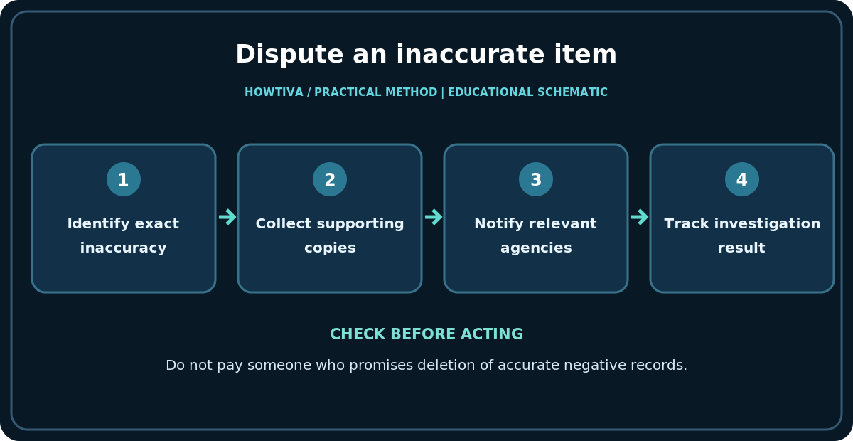 Dispute an inaccurate item: Identify exact inaccuracy; Collect supporting copies; Notify relevant agencies; Track investigation result.