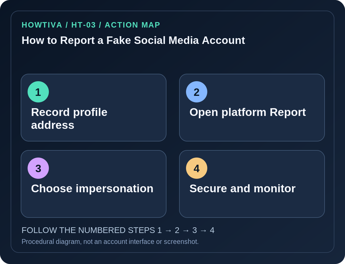 Original four-stage action map for how to report a fake social media account, showing each procedural stage without imitation authentication screens