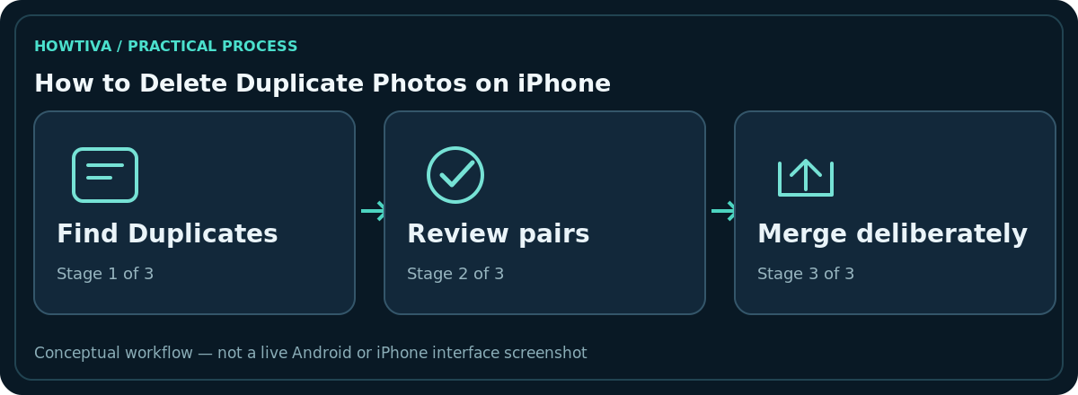 Original non-interface three-stage diagram for how to delete duplicate photos on iphone: Find Duplicates, Review pairs, Merge deliberately.