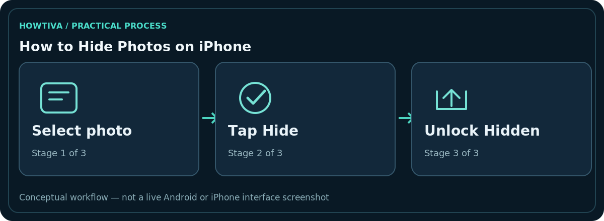 Original non-interface three-stage diagram for how to hide photos on iphone: Select photo, Tap Hide, Unlock Hidden.