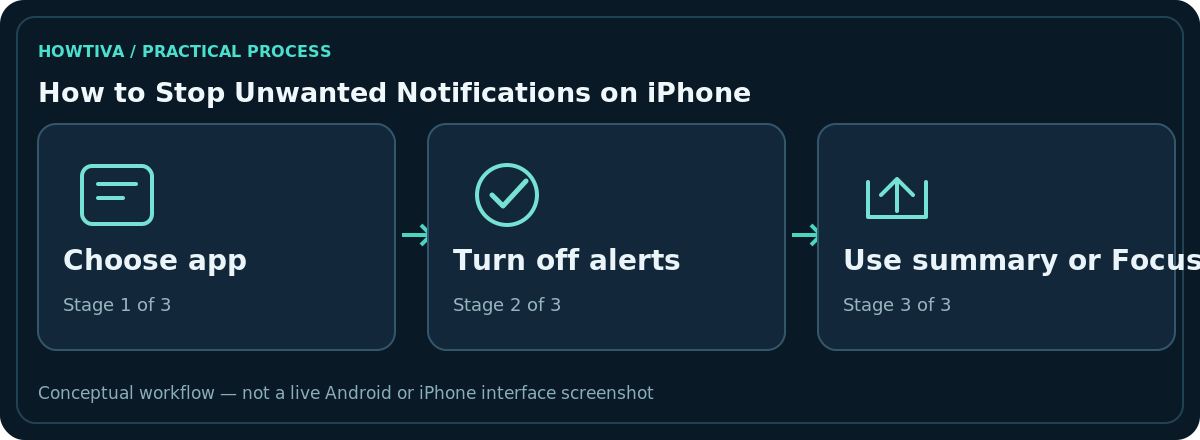 Original non-interface three-stage diagram for how to stop unwanted notifications on iphone: Choose app, Turn off alerts, Use summary or Focus.