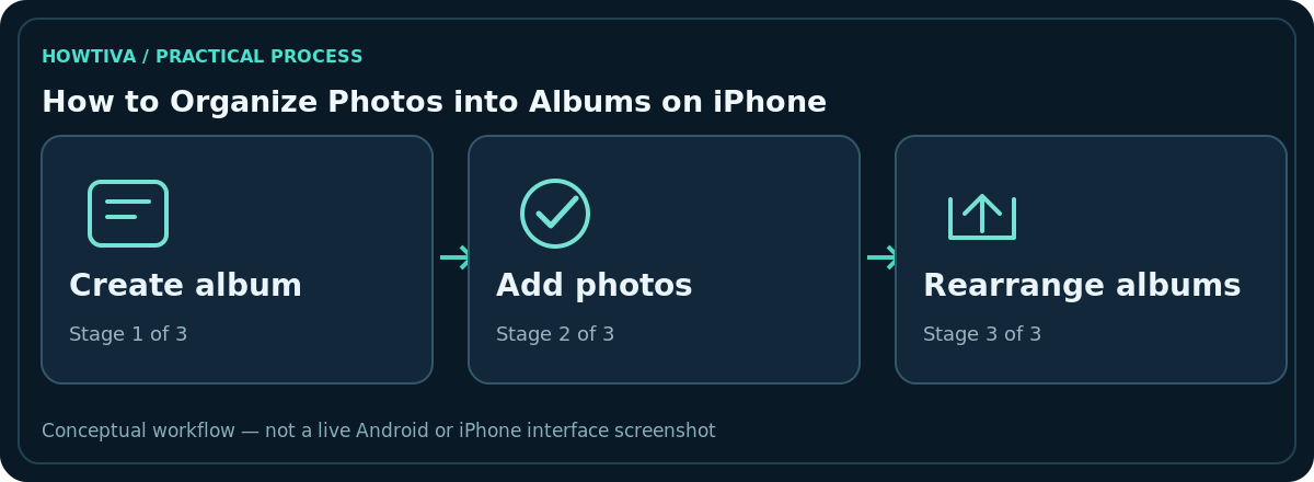 Original non-interface three-stage diagram for how to organize photos into albums on iphone: Create album, Add photos, Rearrange albums.