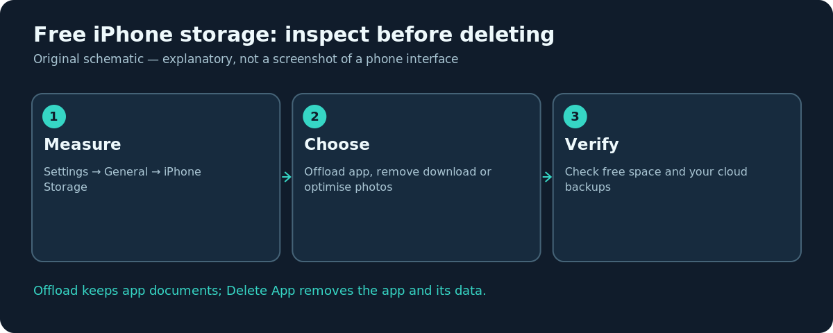 iPhone storage planning diagram showing measure, safe options, and free-space verification