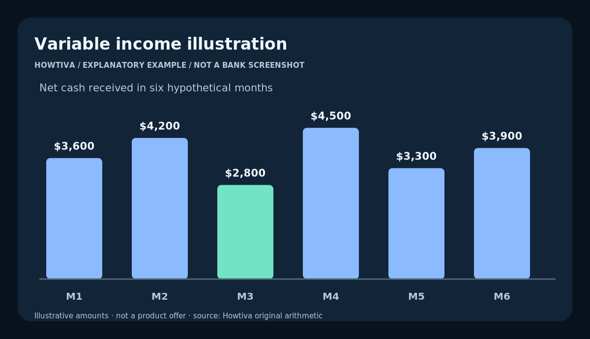 Six hypothetical monthly net receipts: $3,600, $4,200, $2,800, $4,500, $3,300 and $3,900, with $2,800 lowest.