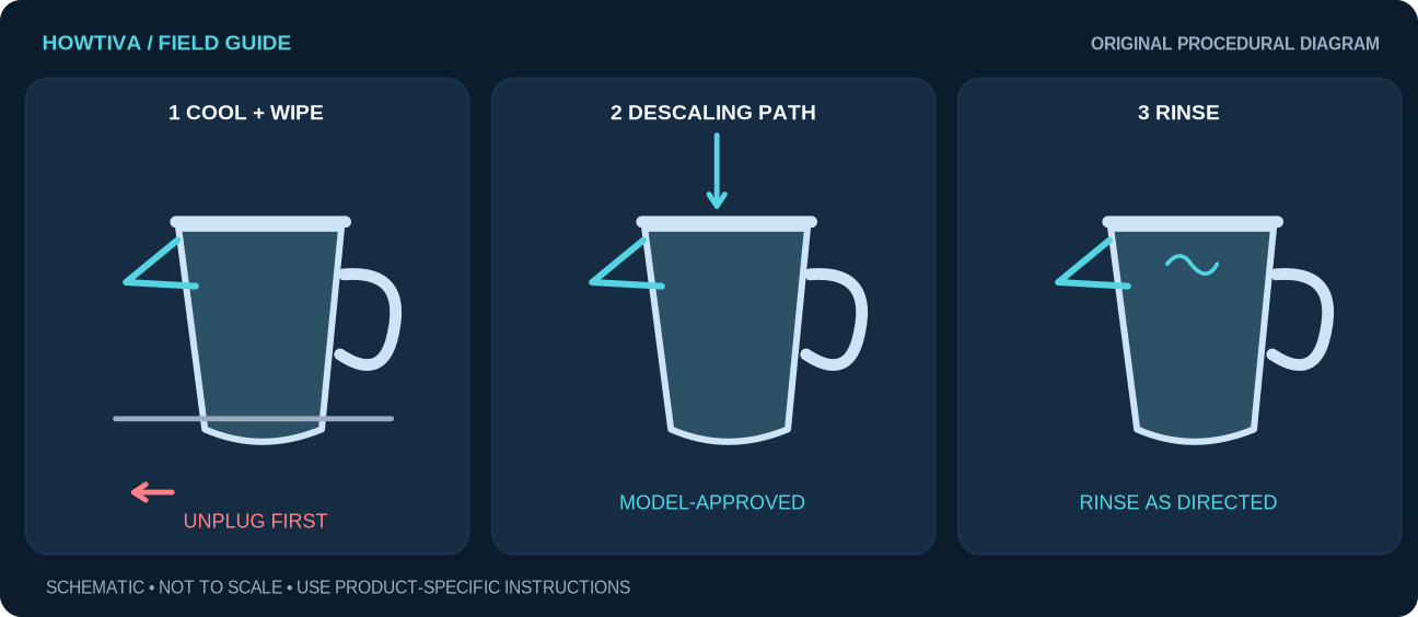Electric kettle unplugged and cooled, model-approved internal descaling, then fresh-water rinse