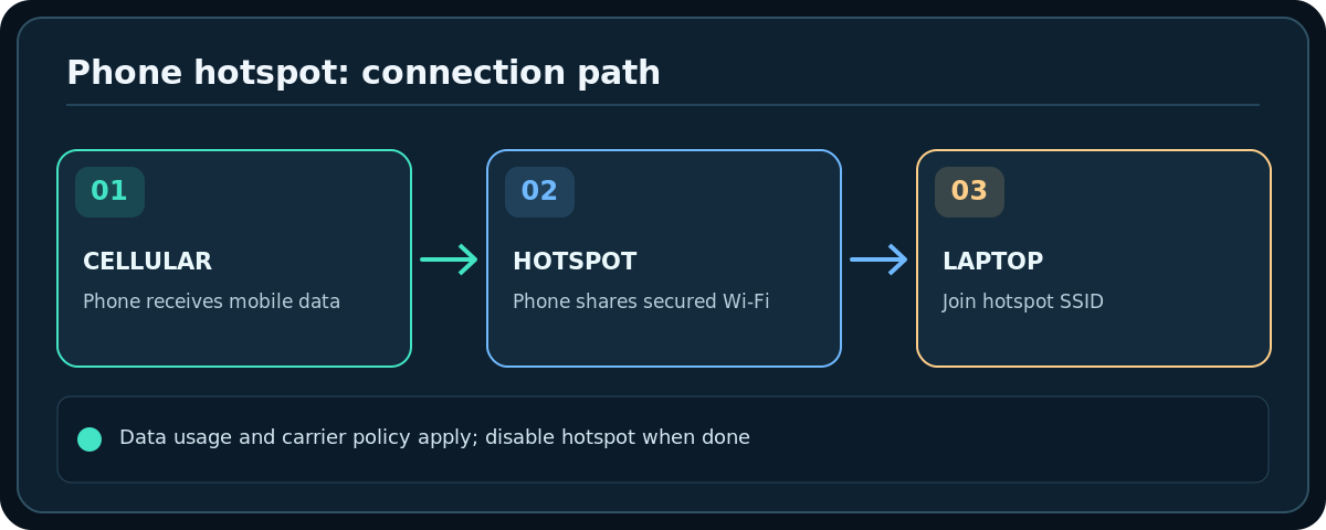 Original technical diagram: Phone hotspot: connection path; Data usage and carrier policy apply; disable hotspot when done